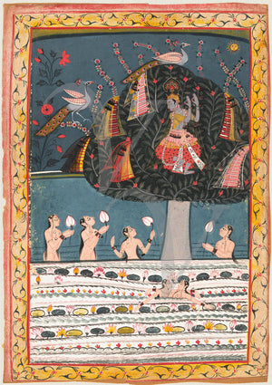 Indian painting of Krishna stealing the clothes of the Gopis