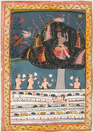 Indian painting of Krishna stealing the clothes of the Gopis