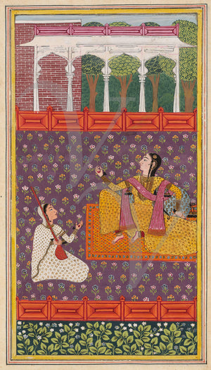 Two Indian Women Enjoying Music. Indian Ragamala painting
