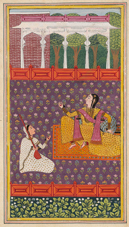 Two Indian Women Enjoying Music. Indian Ragamala painting
