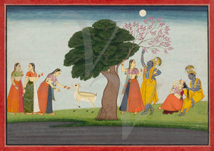 Krishna and Radha Under a Tree. Hindu painting. Mughal wall art.