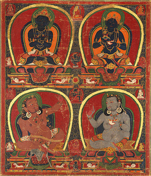 Tibetan painting of four Mahasiddhas - Vajradhara, Nairatmya, and Mahasiddhas Virupa and Kanha