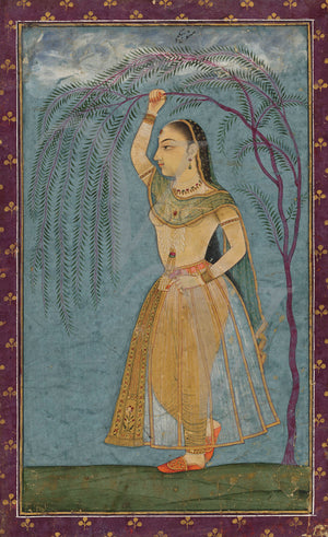 Vintage painting of an Indian woman standing under a willow tree