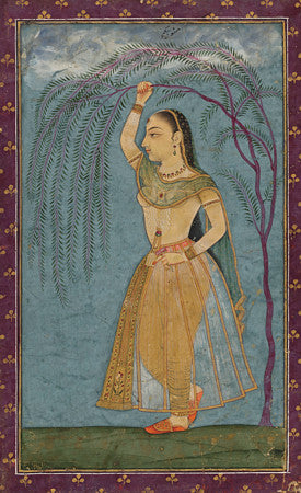 Antique painting of an Indian woman standing under a willow tree
