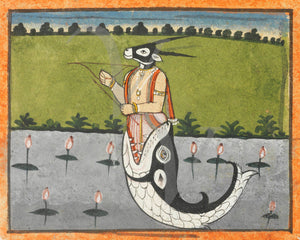 Indian painting of Matsya, fish avatar of Vishnu. Hindu Deities