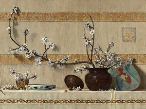 Quince blossoms painting. Victorian exotic still life artwork. Japonisme
