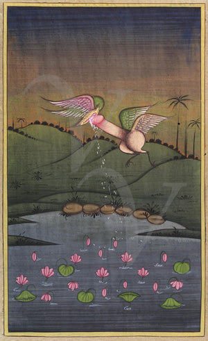 Indian erotic painting of a flying penis copulating with a flying vagina 