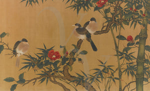 Birds Amongst Bamboo & Camellias. Chinese Qing Dynasty painting