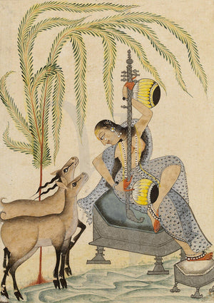 Indian woman playing the Vina, with antelopes watching her