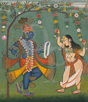 Krishna And Radha Under a Blossoming Tree. Indian painting