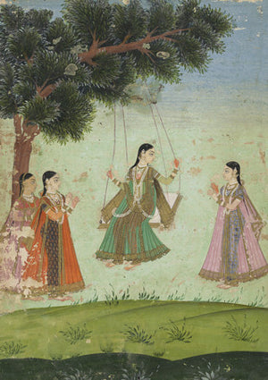 Women swinging. Antique Indian painting