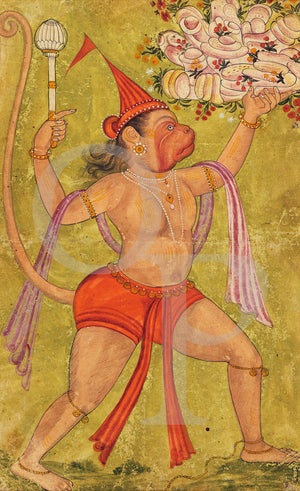 Indian painting, from the Ramayana, of Hanuman Carrying Mount Drona with Sanjeevani herbs