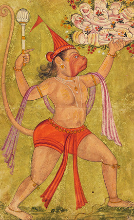 Indian painting of Hanuman Carrying Mount Drona with Sanjeevani herbs 