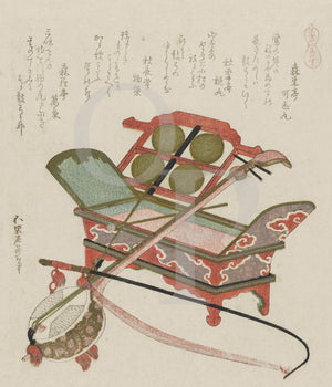 Musical Instruments by Katsushika Hokusai. a Kokyû (string instrument) and a bow next to a xylophone. Behind it a rack with four metal cymbals