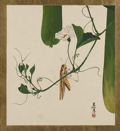 Grasshopper on Gourd Vine. Japanese Painting. Fine Art Print