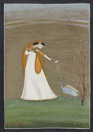 Indian painting of a woman with a peacock. Fine art print