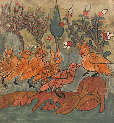 Crow talking to owls. Kalila wa Dimna painting. Fine art print 