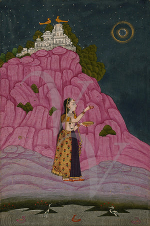 Indian Ragamala painting of a woman performing a night ritual under a full moon. Deccan. Fine art print 