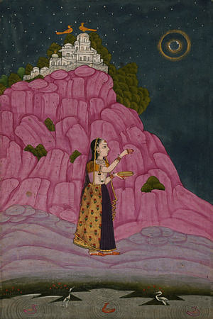 Indian Ragamala painting of a woman performing a night ritual under a full moon. Fine art print 
