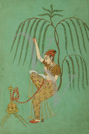 Indian Woman with Hookah. Indo-Persian painting. Fine art print
