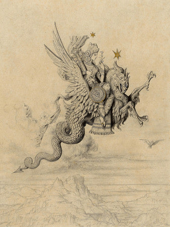 Peri riding a dragon. Antique artwork. Fine art print