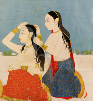 Two Indian women grooming themselves. Antique Painting. Rajasthan. Fine art print