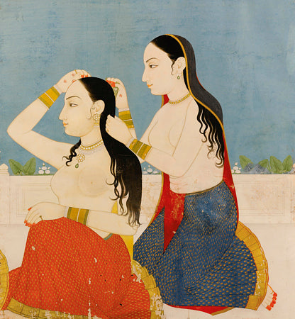 Two Indian women grooming themselves. Antique Painting India. Fine art print