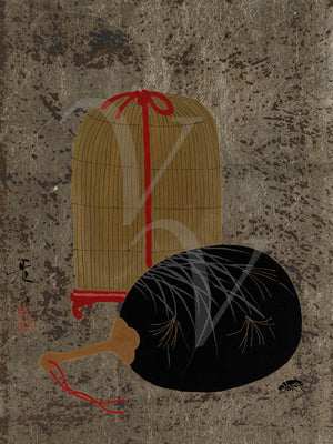 Fan and Insect Cage. Japanese lacquer painting. Fine art print