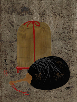 Fan and Insect Cage. Japanese lacquer painting. Fine art print