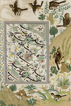 Persian book illustration of birds and nature. Fine art print