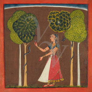Female snake charmer. Indian Ragamala painting. Fine art print