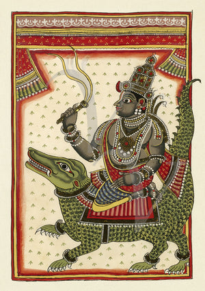 Varuna (the Hindu god of the ocean) sitting on Makara, the crocodile. Antique Indian fine art print  