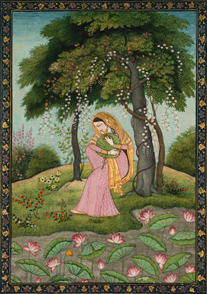 Woman in Love. Indian Pahari painting of a woman awaiting her lover by a lotus pond
