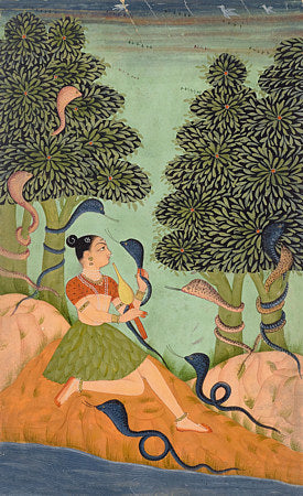Indian Ragamala painting of woman with snakes. Rajasthan. Fine art print
