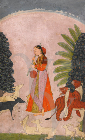 Indian Ragamala painting of a woman with animals. Fine art print