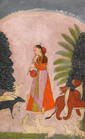 Indian Ragamala painting of a woman with animals. Fine art print