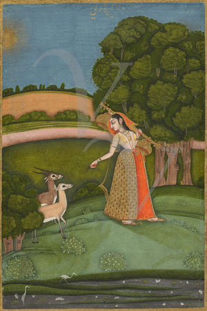 Indian Ragamala painting. Woman in landscape with Forest Animals. Fine Art Print 