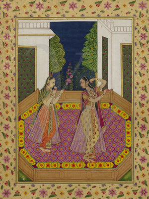 Antique Indian painting of two women dancing. Fine art print 