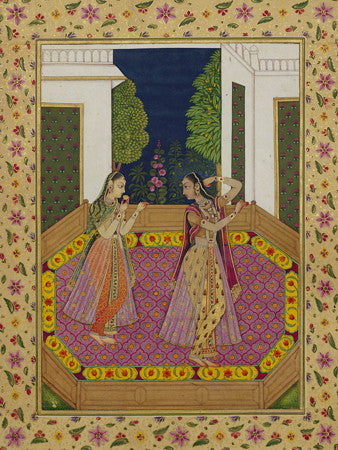 Antique Indian painting of two women dancing. Fine art print 