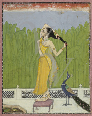 Woman with Peacock. Antique India Painting. Fine Art Print