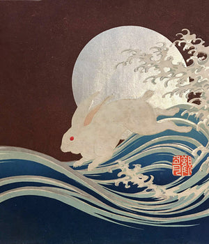 White Rabbit, Full Moon and Wave. Antique Japanese Fine Art Print