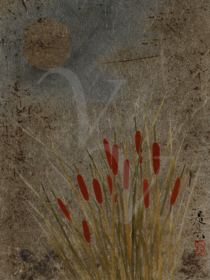 Japanese lacquer painting of cattails under the moon. Fine art print
