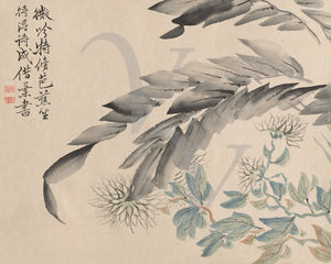 Chrysanthemum Flowers and Leaves. Japanese Painting. Fine Art Print 