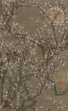 Japanese plum blossoms. Flowering tree and full moon. Fine art print