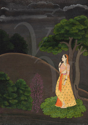 Woman Awaiting Her Lover. Pahari Painting India. Fine Art Print