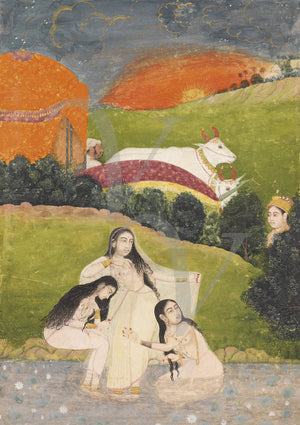 Indian, Mughal painting of women bathing in a river. Fine art print