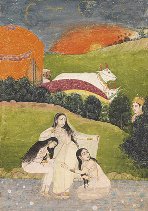 Indian, Mughal painting of women bathing in a river. Fine art print