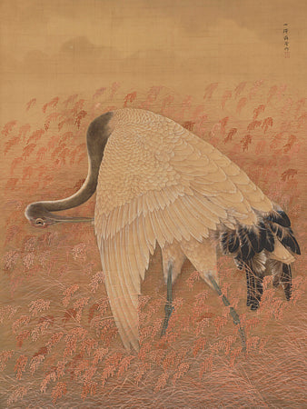 Japanese painting of a Crane in a field. Fine art print