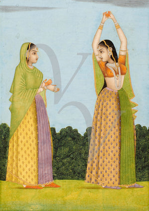 Antique Indian, Mughal, painting of two women. Fine art print