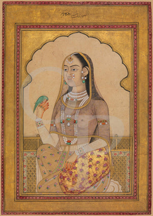 Woman holding a bird. Indian, Deccan,painting. Fine art print